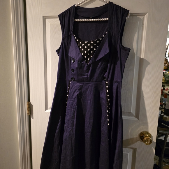 Dresses & Skirts - Sleeveless Navy Polka Dot Accent A-Line Dress